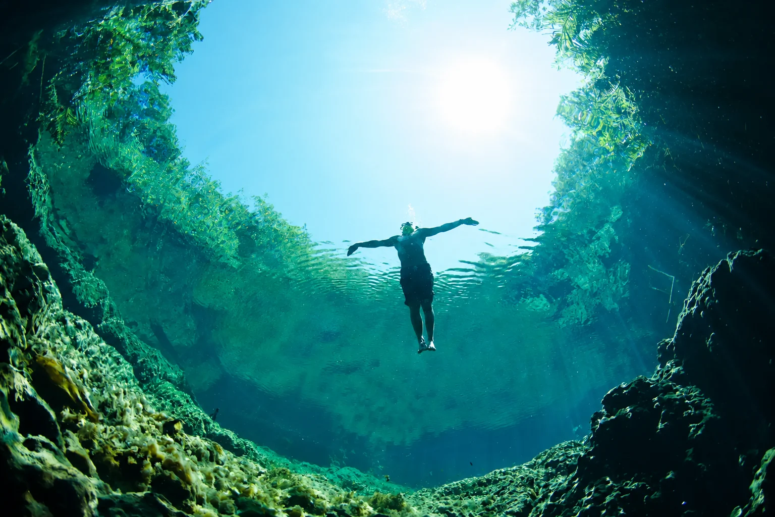Nadar en las aguas cristalinas de un cenote de la Riviera Maya